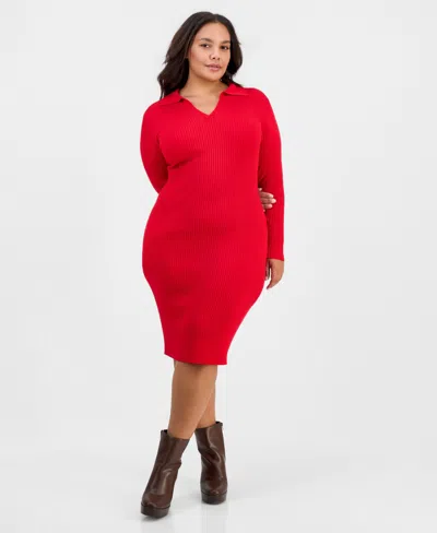 Full Circle Trends Plus Size Long-sleeve Bodycon Polo Collar V-neck Rayon-polyester Blend Midi Dress In Multi