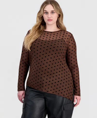 Full Circle Trends Plus Size Long-sleeve Crewneck Flocked Mesh Top In Multi