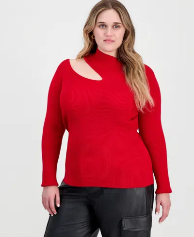 Full Circle Trends Plus Size Long-sleeve Mock-neck Cutout Top In Red