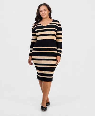 Full Circle Trends Plus Size Long-sleeve V-neck Body-con Midi Dress In Multi