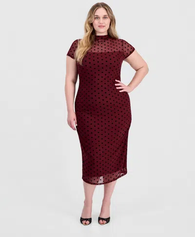 Full Circle Trends Plus Size Polka-dot Ruched Mock-neck Short-sleeve Midi Dress In Multi