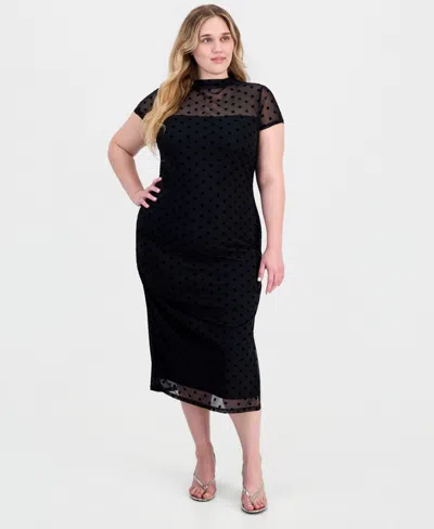 Full Circle Trends Plus Size Polka-dot Ruched Mock-neck Short-sleeve Midi Dress In Multi