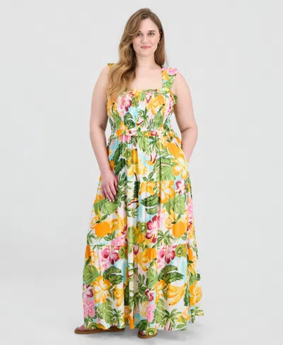 Full Circle Trends Plus Size Poof Strap Square Neck Rayon Dress In Multi