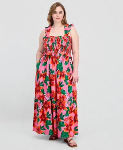 Full Circle Trends Plus Size Poof Strap Square Neck Rayon Dress In Multi