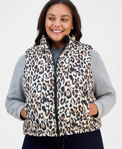 Full Circle Trends Plus Size Reversible Sherpa Puffer Vest In Animal Print