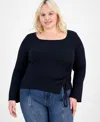 Full Circle Trends Trendy Plus Ruched Asymmetric-hem Square-neck Top In Blue