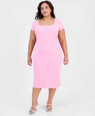 Full Circle Trends Trendy Plus Short-sleeve Square-neck Bodycon Dress In Pink