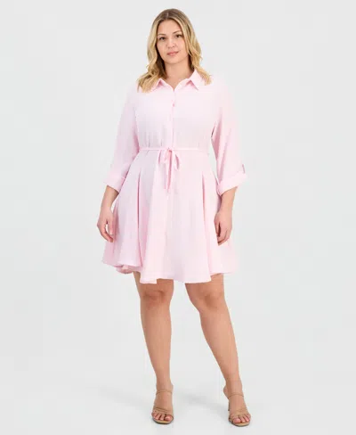 Full Circle Trends Trendy Plus Size 3/4-sleeve Belted Godet Shirtdress In Pink