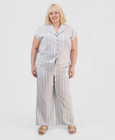 Full Circle Trends Trendy Plus Size Cap-sleeve Shirt & Drawstring Pants Set In Multi