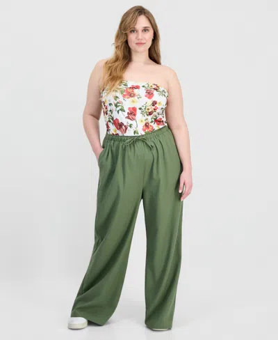 Full Circle Trends Trendy Plus Size Drawstring-waist Wide-leg Pants In Green
