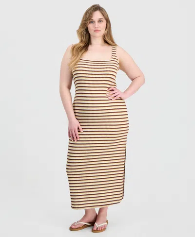 Full Circle Trends Trendy Plus Size Printed Ribbed Knit Sleeveless Maxi Dress In Brown