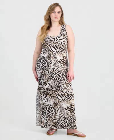 Full Circle Trends Trendy Plus Size Printed Ribbed Knit Sleeveless Maxi Dress In Black
