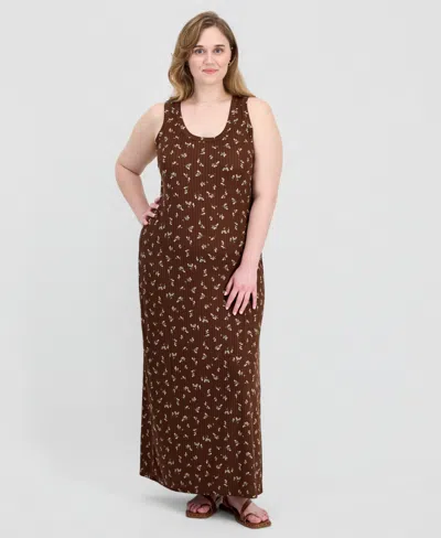 Full Circle Trends Trendy Plus Size Printed Ribbed Knit Sleeveless Maxi Dress In Brown