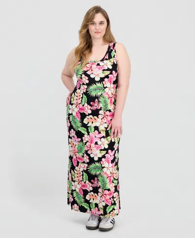 Full Circle Trends Trendy Plus Size Printed Ribbed Knit Sleeveless Maxi Dress In Multi