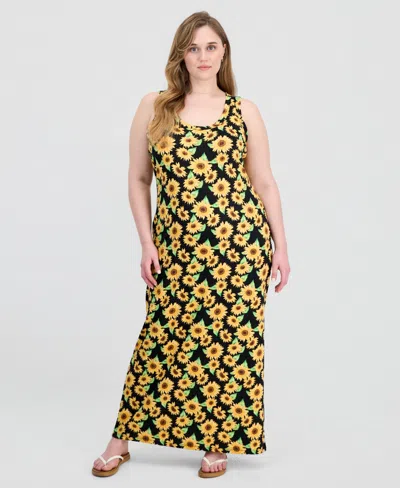 Full Circle Trends Trendy Plus Size Printed Ribbed Knit Sleeveless Maxi Dress In Multi