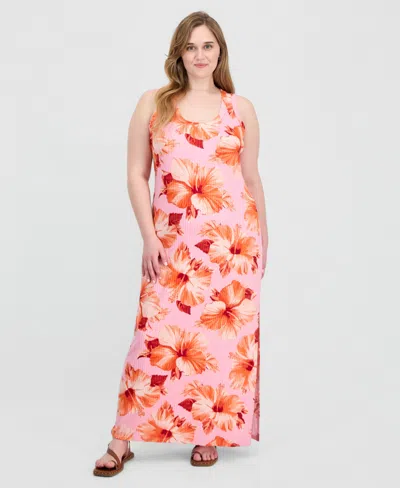 Full Circle Trends Trendy Plus Size Printed Ribbed Knit Sleeveless Maxi Dress In Pink