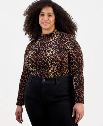 Full Circle Trends Trendy Plus Size Printed Ruched Bodysuit In Brown