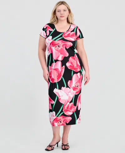 Full Circle Trends Trendy Plus Size Printed Short-sleeve Midi Dress In Multi