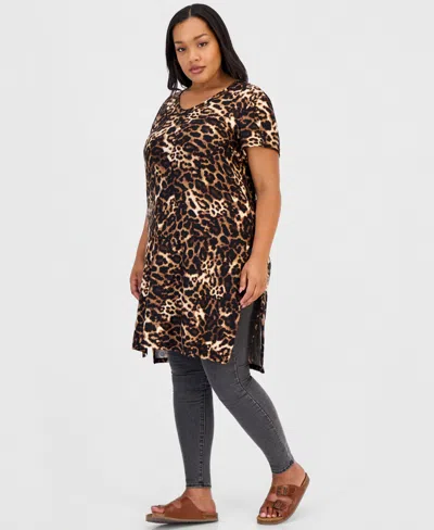 Full Circle Trends Trendy Plus Size Printed V-neck Tunic In Brown