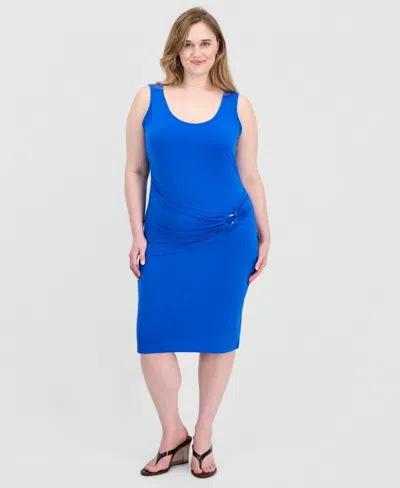 Full Circle Trends Trendy Plus Size Sash-belt Bodycon Dress In Blue