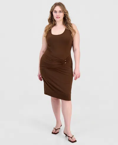 Full Circle Trends Trendy Plus Size Sash-belt Bodycon Dress In Brown