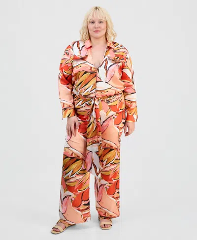 Full Circle Trends Trendy Plus Size Satin Shirt & Matching Pants Set In Orange