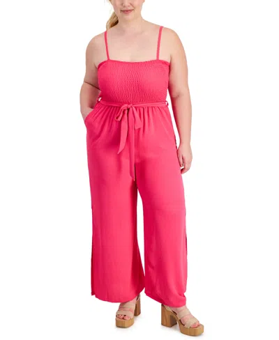 Full Circle Trends Trendy Plus Size Smocked Spaghetti-strap Jumpsuit In Beetroot Pink