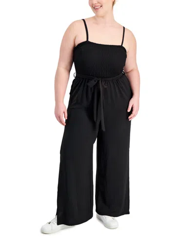 Full Circle Trends Trendy Plus Size Smocked Spaghetti-strap Jumpsuit In Black Beauty