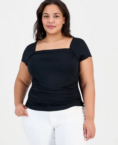 Full Circle Trends Trendy Plus Yummy Ruched Square-neck Shrug Top In Black