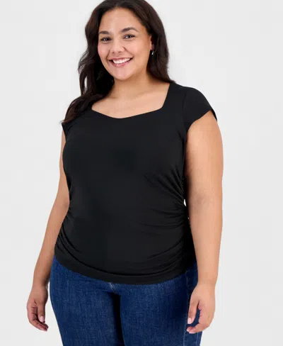 Full Circle Trends Trendy Plus Yummy Ruched Square-neck Shrug Top In Black