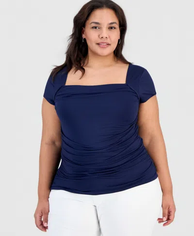 Full Circle Trends Trendy Plus Yummy Ruched Square-neck Shrug Top In Blue