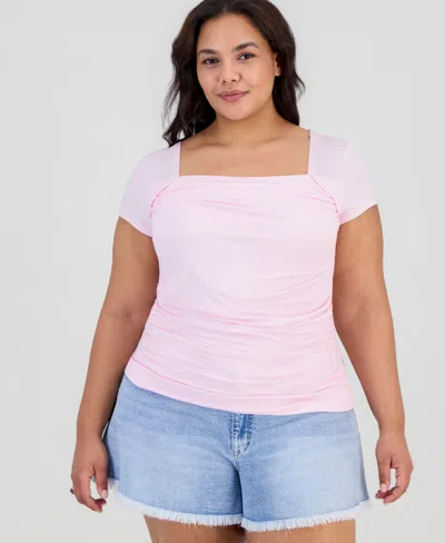 Full Circle Trends Trendy Plus Yummy Ruched Square-neck Shrug Top In Pink