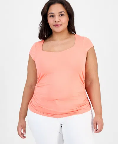 Full Circle Trends Trendy Plus Yummy Ruched Square-neck Shrug Top In Pink