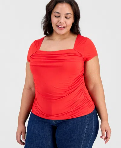 Full Circle Trends Trendy Plus Yummy Ruched Square-neck Shrug Top In Red