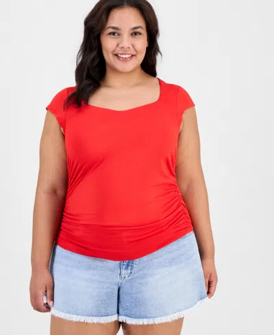 Full Circle Trends Trendy Plus Yummy Ruched Square-neck Shrug Top In Red