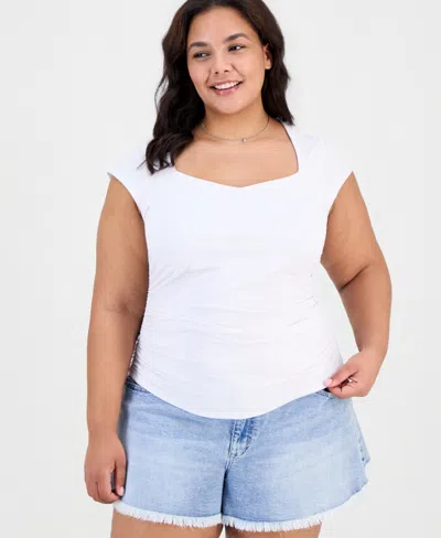 Full Circle Trends Trendy Plus Yummy Ruched Square-neck Shrug Top In White