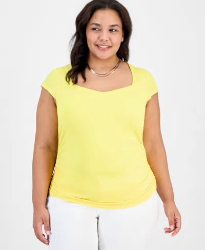 Full Circle Trends Trendy Plus Yummy Ruched Square-neck Shrug Top In Yellow