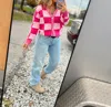 Full Time Purchase Checkered Drop Shoulder Buttoned V Neck Cardigan In Pink In Pink