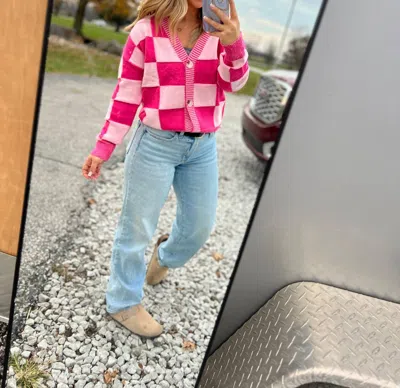 Full Time Purchase Checkered Drop Shoulder Buttoned V Neck Cardigan In Pink