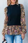 Full Time Purchase Contrast Floral Sleeve Peplum Sweater In Multi