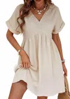 Full Time Purchase Folded Short Sleeve Lace V Neck Mini Dress In Beige In Neutral
