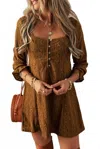 Full Time Purchase Lace Crochet Buttoned Square Neck Shift Dress In Chestnut In Brown