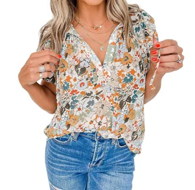 Full Time Purchase Split V Neck Puff Sleeve Blouse In Beige Multi