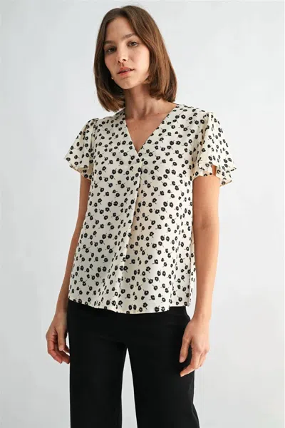 Fun 2 Fun Floral Flutter Sleeve Blouse In Ivory Black In Beige