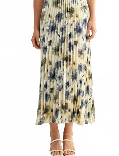 Fun 2 Fun Floral Satin Pleated Skirt In Ivory/blue In Multi