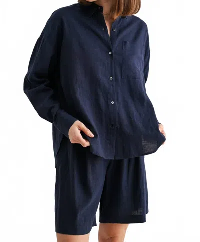 Fun 2 Fun Linen Drop Shoulder Shirt In Navy In Blue