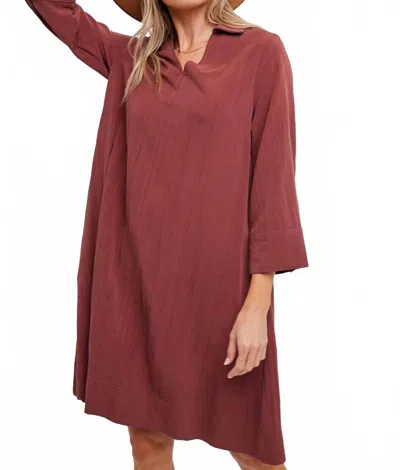 Fun 2 Fun Margaret V-neck Collar Shirt Dress In Wine Flowy In Red