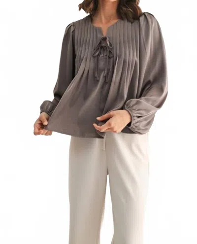 Fun 2 Fun Pin Tuck Front Tie Blouse In Dark Taupe In Brown