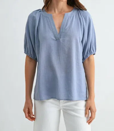 Fun 2 Fun Pleated Raglan Top In Chambray In Blue