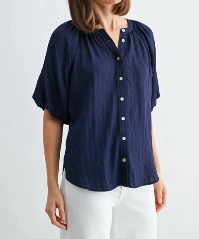 Fun 2 Fun Shiloh Texture Balloon Sleeve Blouse In Navy In Blue